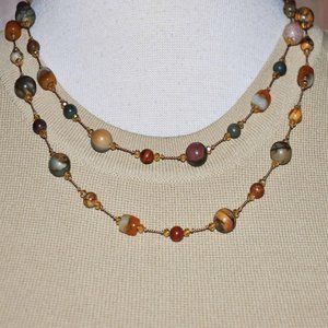 Handmade Knotted Gold Burgundy & Green Birdseye Rhyolite Beaded Boho Neclace